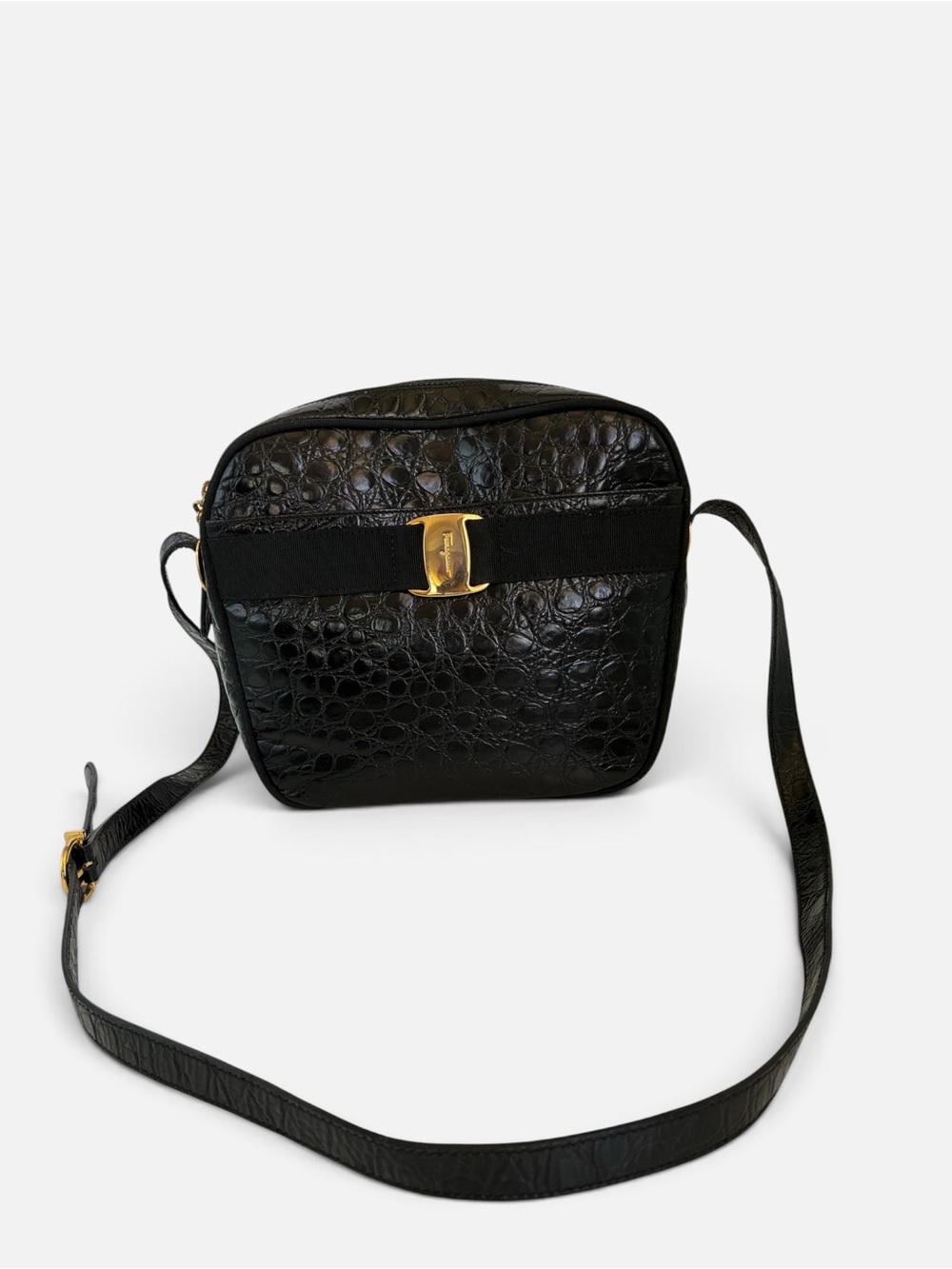 Salvatore Ferragamo Black Croc-Embossed Crossbody with Gold Buckle